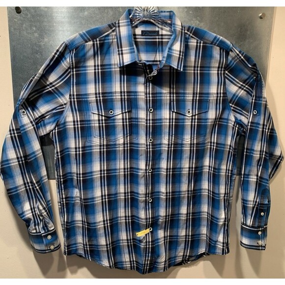 7 DIAMONDS Blue Plaid Button Flap Pocketed Long Roll Tab Sleeves XXL Shirt - Picture 1 of 16
